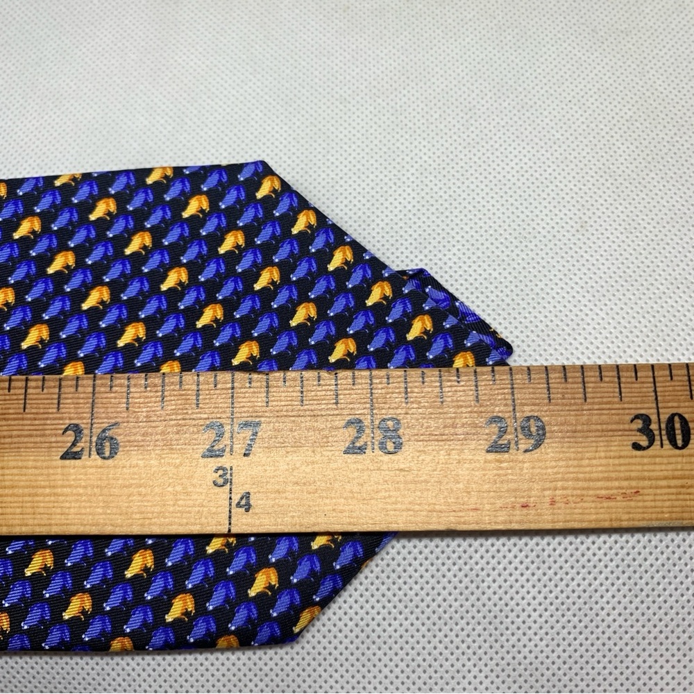 Robert Talbott men’s tie silk frog print blue gold 60 inches hand sewn in USA - Picture 6 of 7